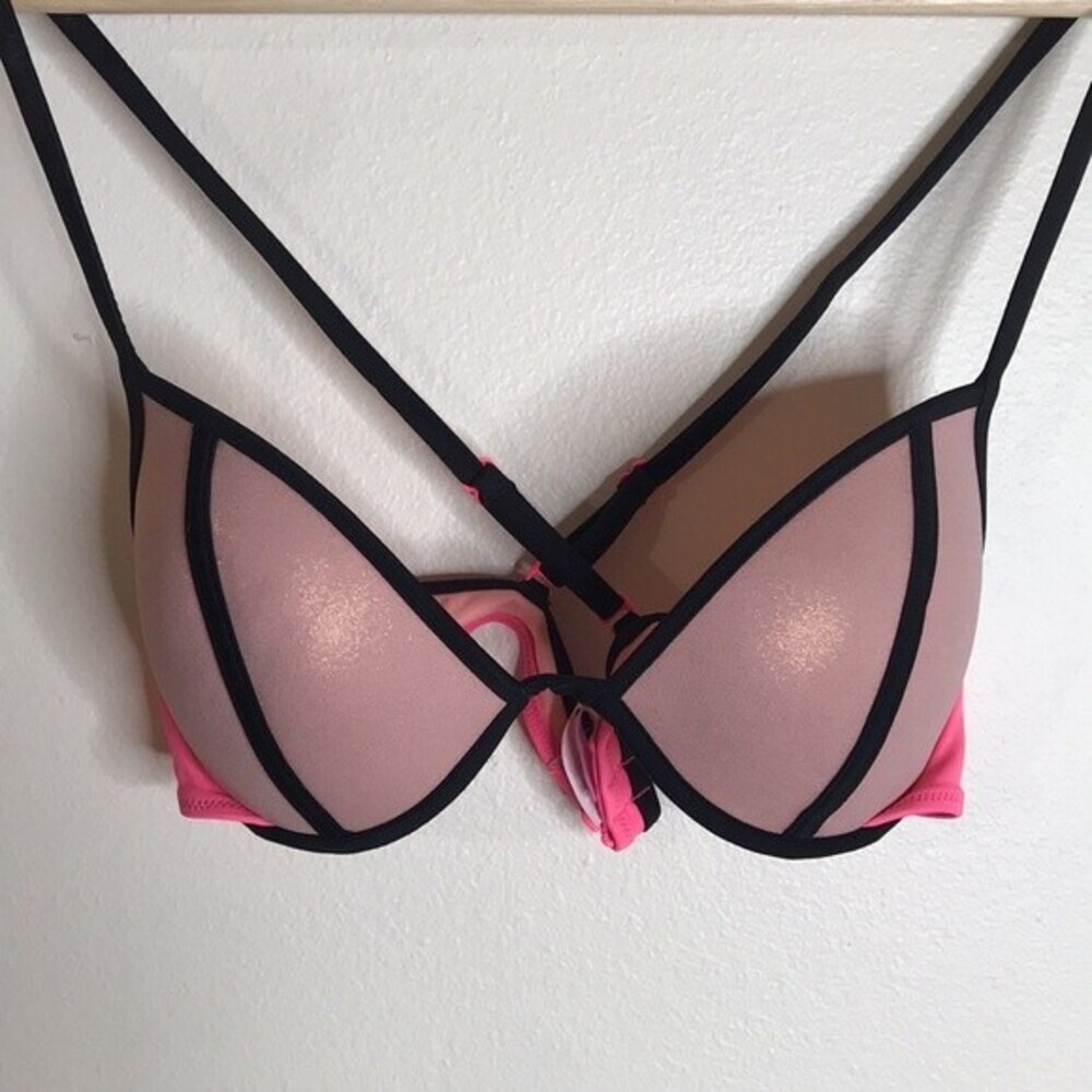 Victoria's Secret Women's The Fabulous Push Up bikini top Pink  Black Trim 34B - Picture 2 of 8
